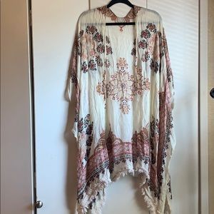Floral fringe cotton woven kimono